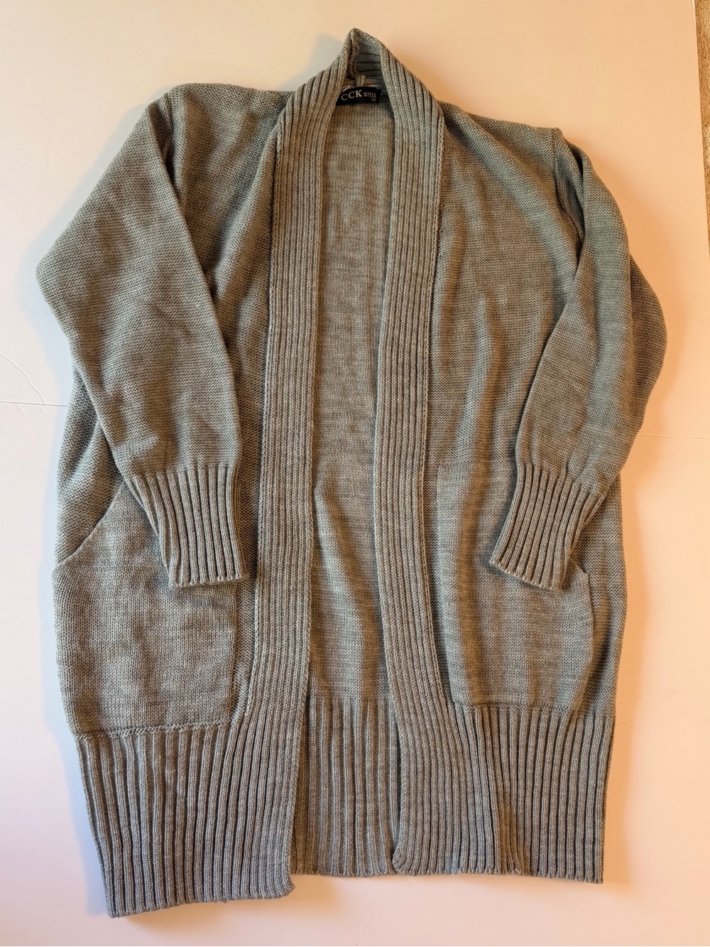 Open-Front Ribbed Shawl Collar Cardigan - Light Gray